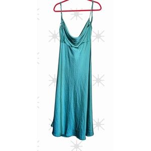 Vintage Satin Teal Slip Dress Women’s XL Adjustable Spaghetti Strap Cowl Neck